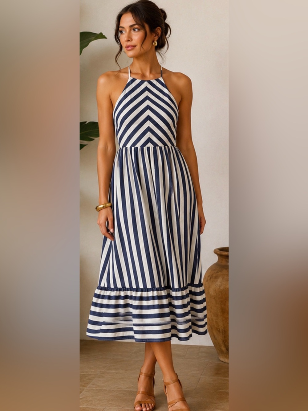 Vernacular Striped Halter Midi Dress